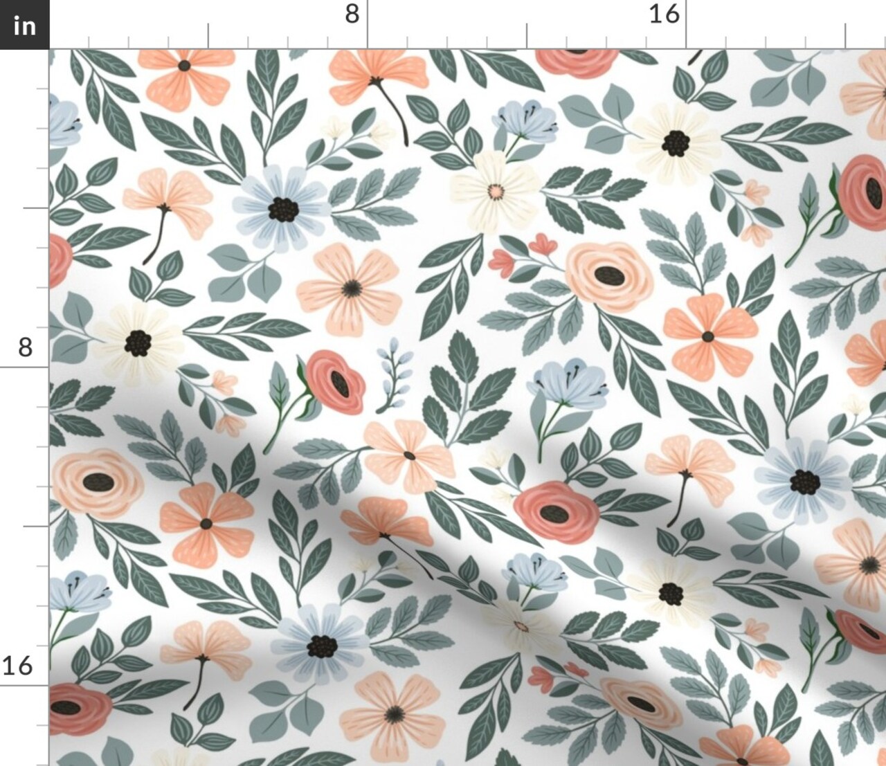 Coral Floral Sage Green Leaf Pretty Flowers Delicate Garden Custom Printed Fabric by Spoonflower Various Fabrics by the Yard or Fat Quarter